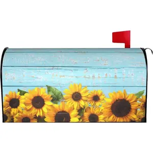 Sunflowers Wood Background Waterproof Mail Cover Magnetic Mailbox Wraps Light Blue Post Letter Box Cover for Garden Home Decor 21x18 in