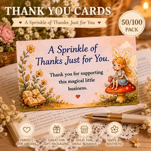 Fairy Thank You Cards 50/100 Pack for Small Business – Cute Cottagecore Packaging Inserts for Customer Orders & Gifts