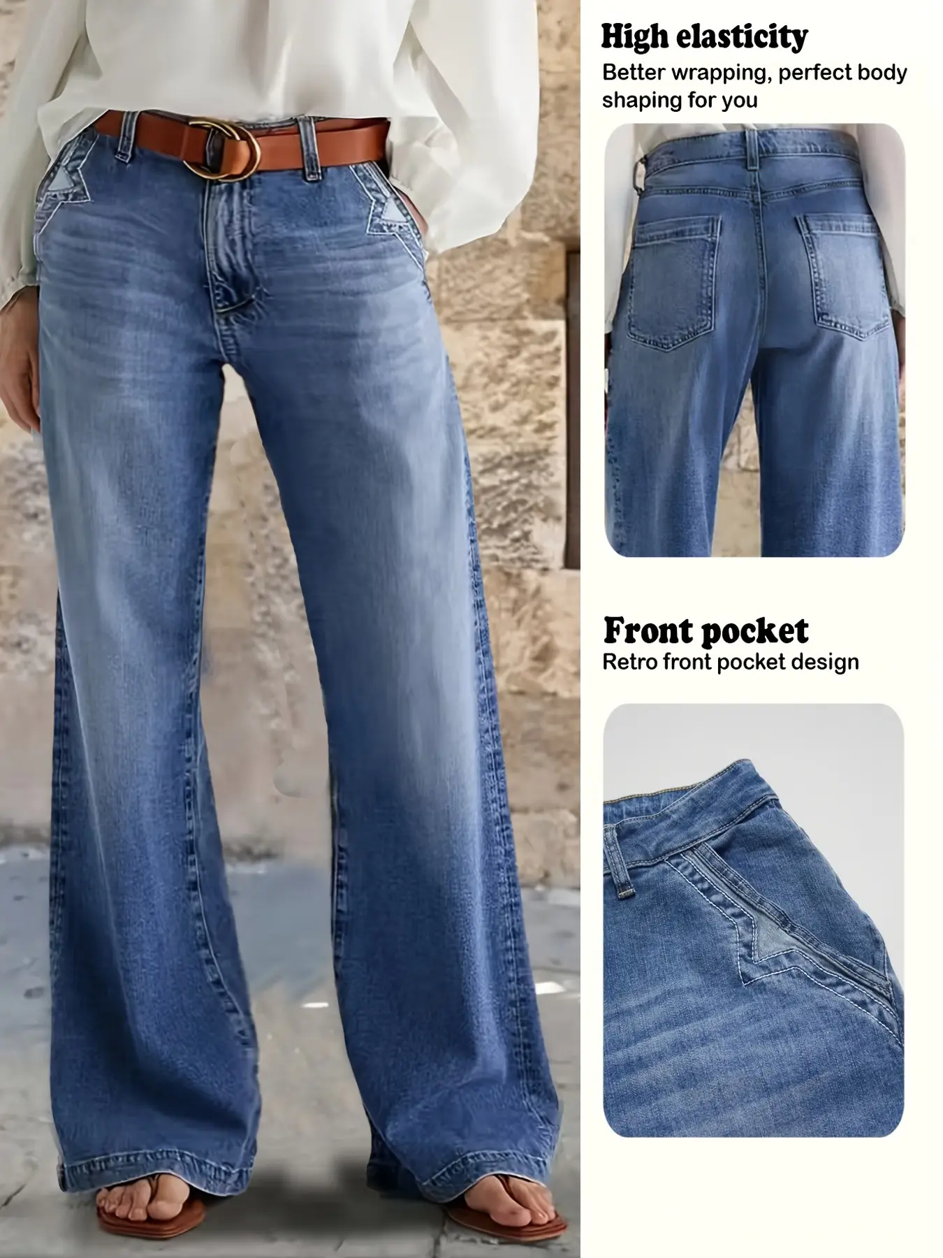 Women's Casual Denim Loose Wide Leg Long Pants, Patchwork Design, Pocket, Comfortable & Stylish, Perfect for Daily Wear, Trendy Fashion Bottoms
