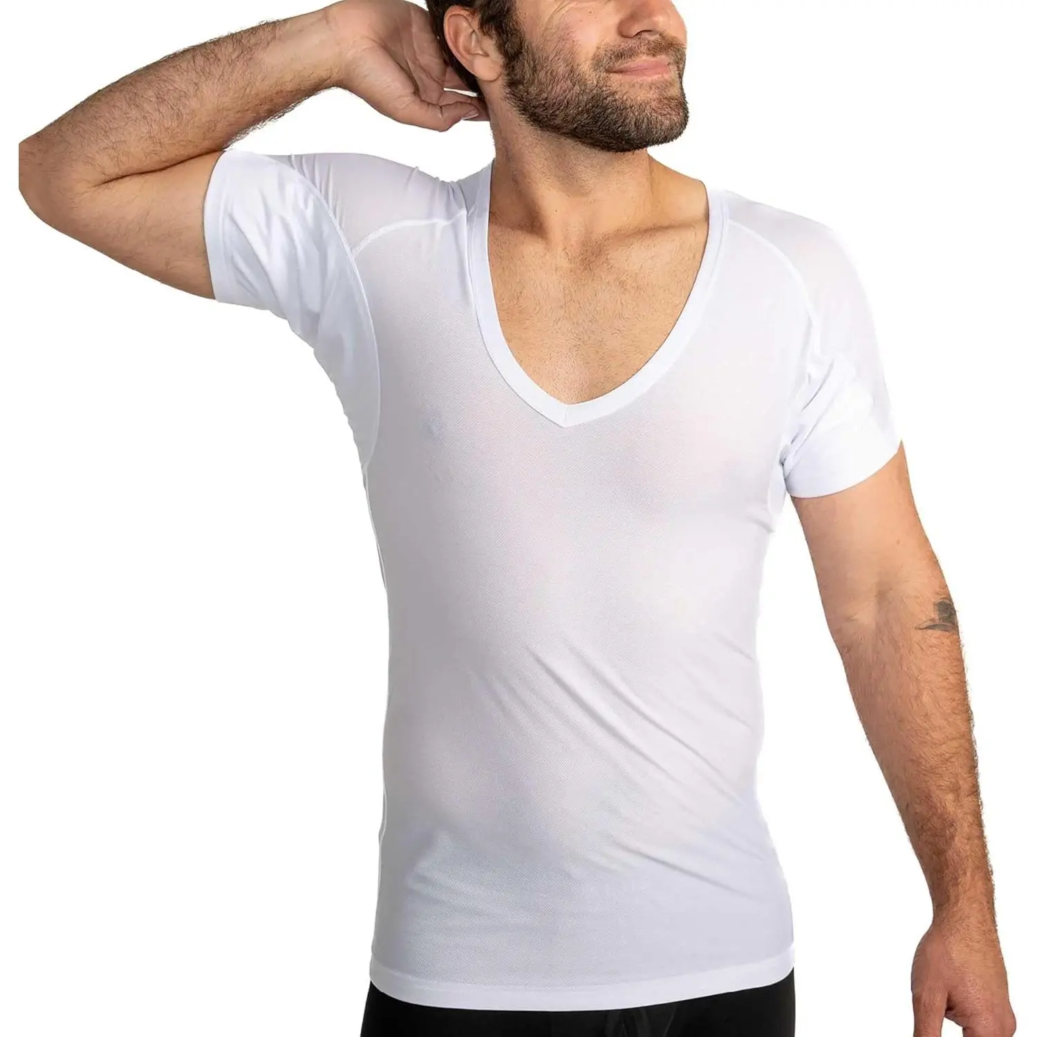 Ejis Men's Ultra Breathable Sweatproof Deep V-Neck Undershirt w Sweat Pads| Anti-Odor, Invisible Under the Shirt