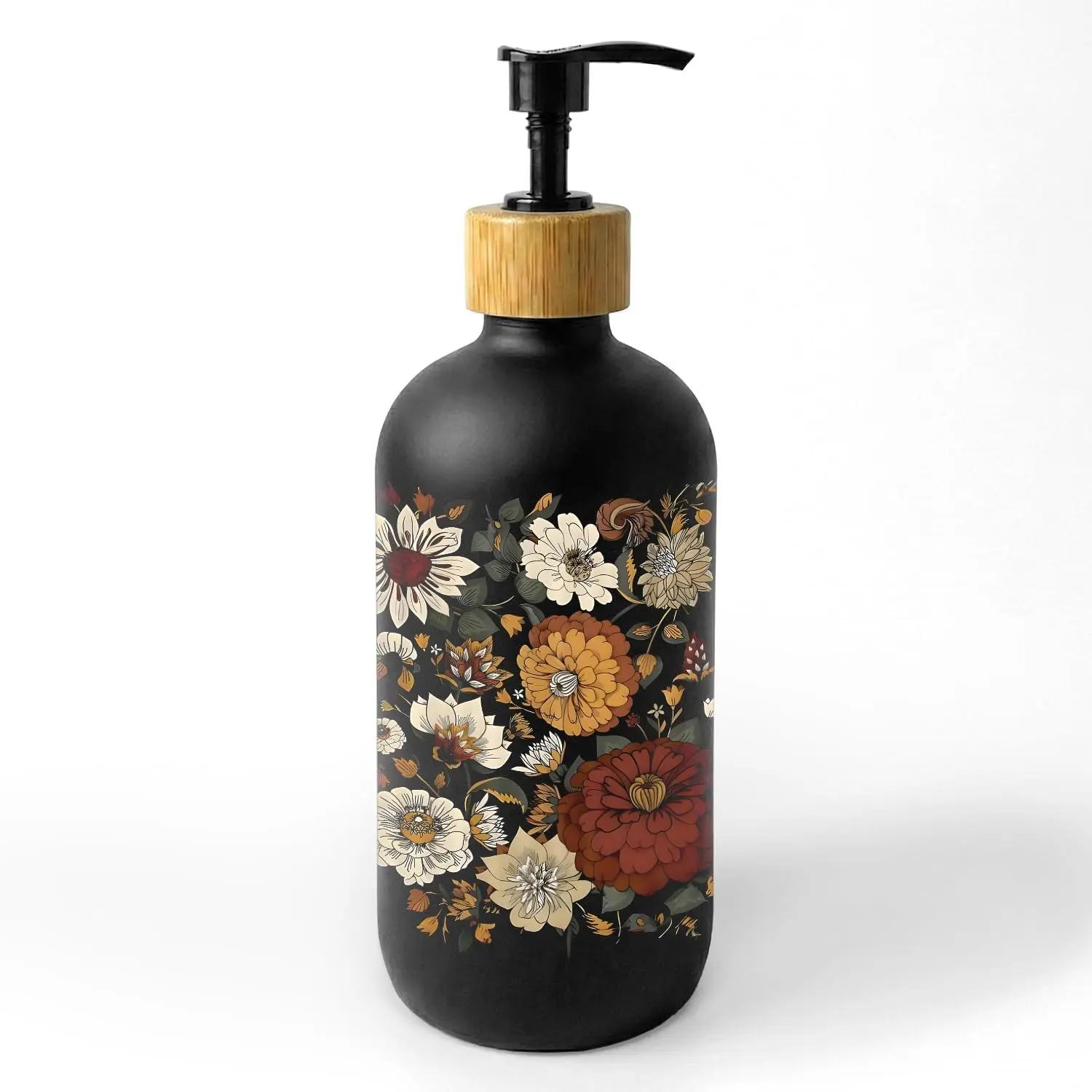 Vintage Boho Sturdy Glass Abstract Floral Soap Dispenser with Pump, Decorative Refillable Liquid Handsoap-Bottle for Kitchen/Bath Countertops, Kitchen/Bath Decor Gift