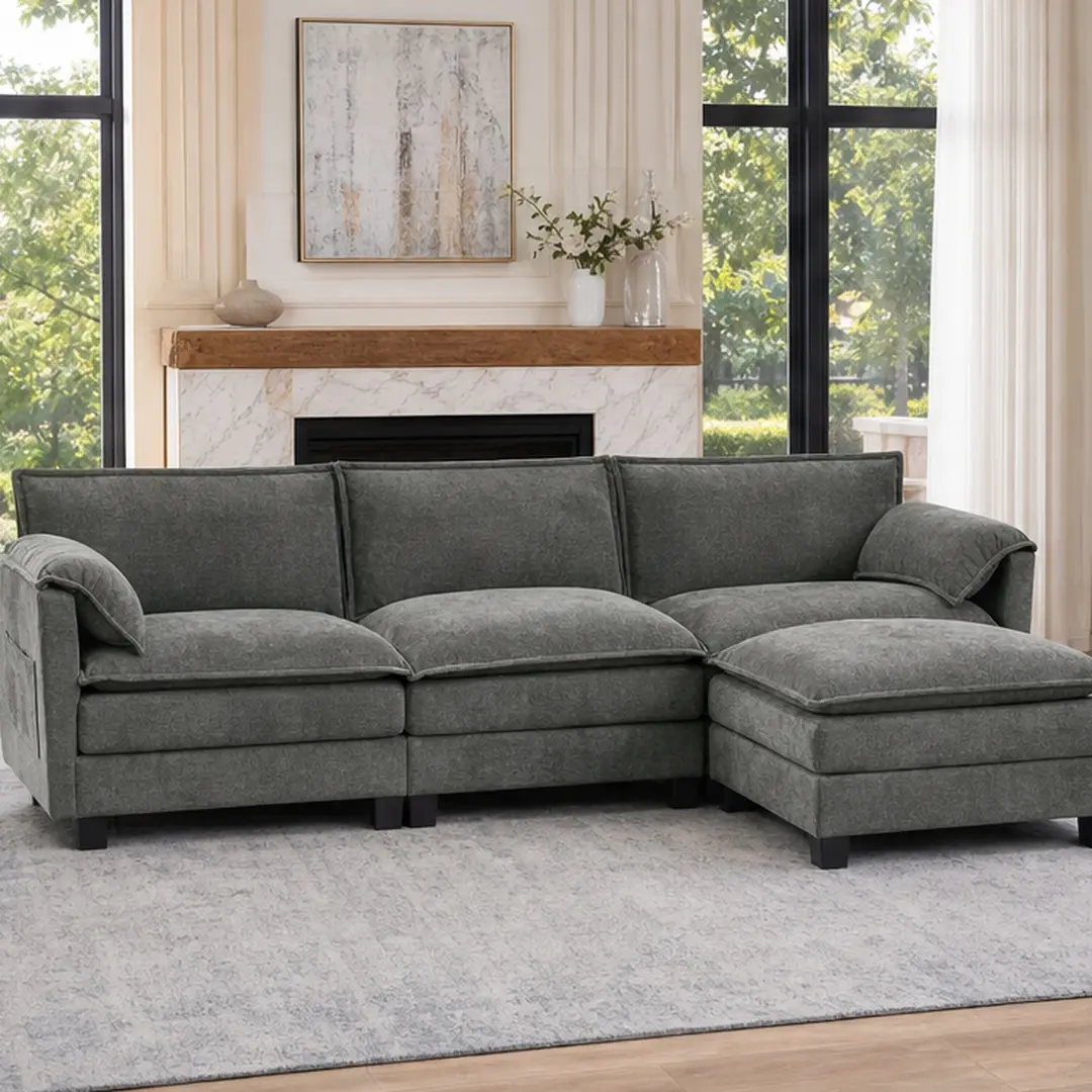 ARCH 107-Inch L-Shaped Sectional Sofa with Storage - 3-Seat Corner Velvet & Cotton Linen Cloud Modular Living Room Furniture, Reconfigurable Components, Durable Balanced Foam, Deep Seat Comfy Soft Ottoman, Aqua Color, Easy Assembly