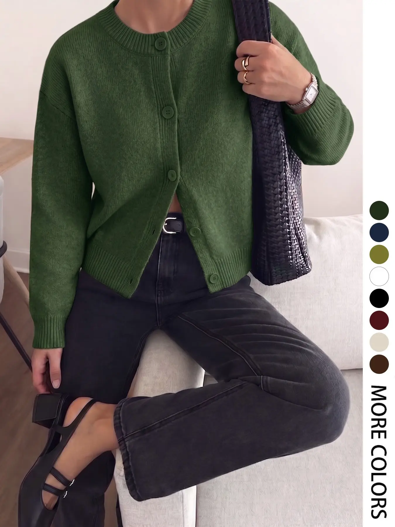 Elegant Women's Fall Winter Fashion Casual Home Office Commute Basic Simple Loose Solid Knit Button Front Shirt Round Neck Long Sleeve Sweater Coat Top Knitwear