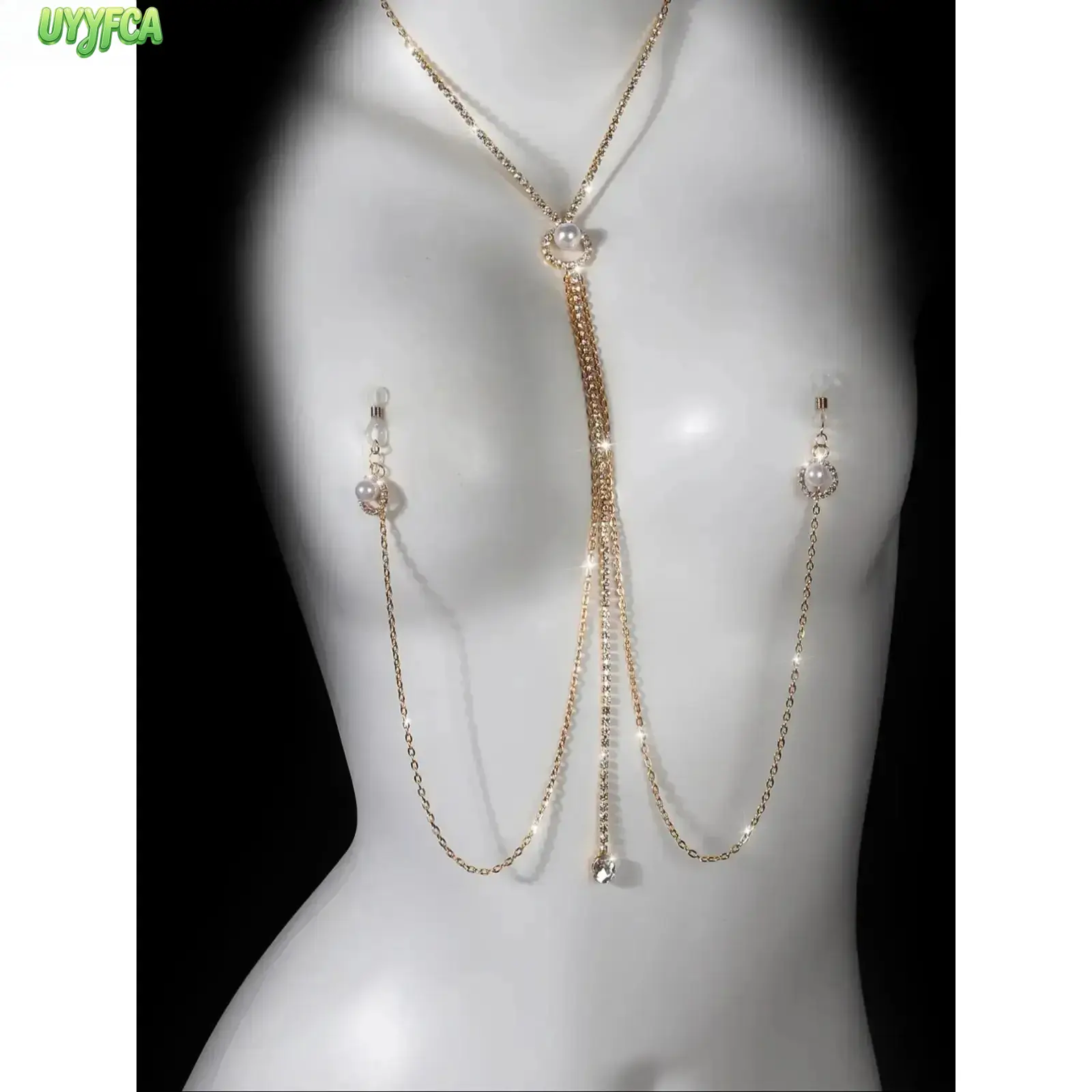 Rhinestone Imitation Pearl Body Chain Jewelry Set For Women, Y-Drop Lariat Neck Harness With Breast Clip Tassel Chains, Sparkly Bikini Body Accessory, Elegant Statement Ornament For Club Party Wedding Night Beach Outfit