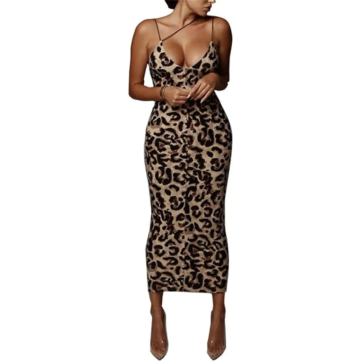 Women's Sexy Neon Asymmetrical Spaghetti Strap Dress Deep V-Neck Sleeveless Bodycon Midi Club Dress