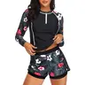 Long Sleeve Rash Guard for Women - Two Piece Swimsuit with Shorts Zip Up Swim Shirt with Built-in Bra