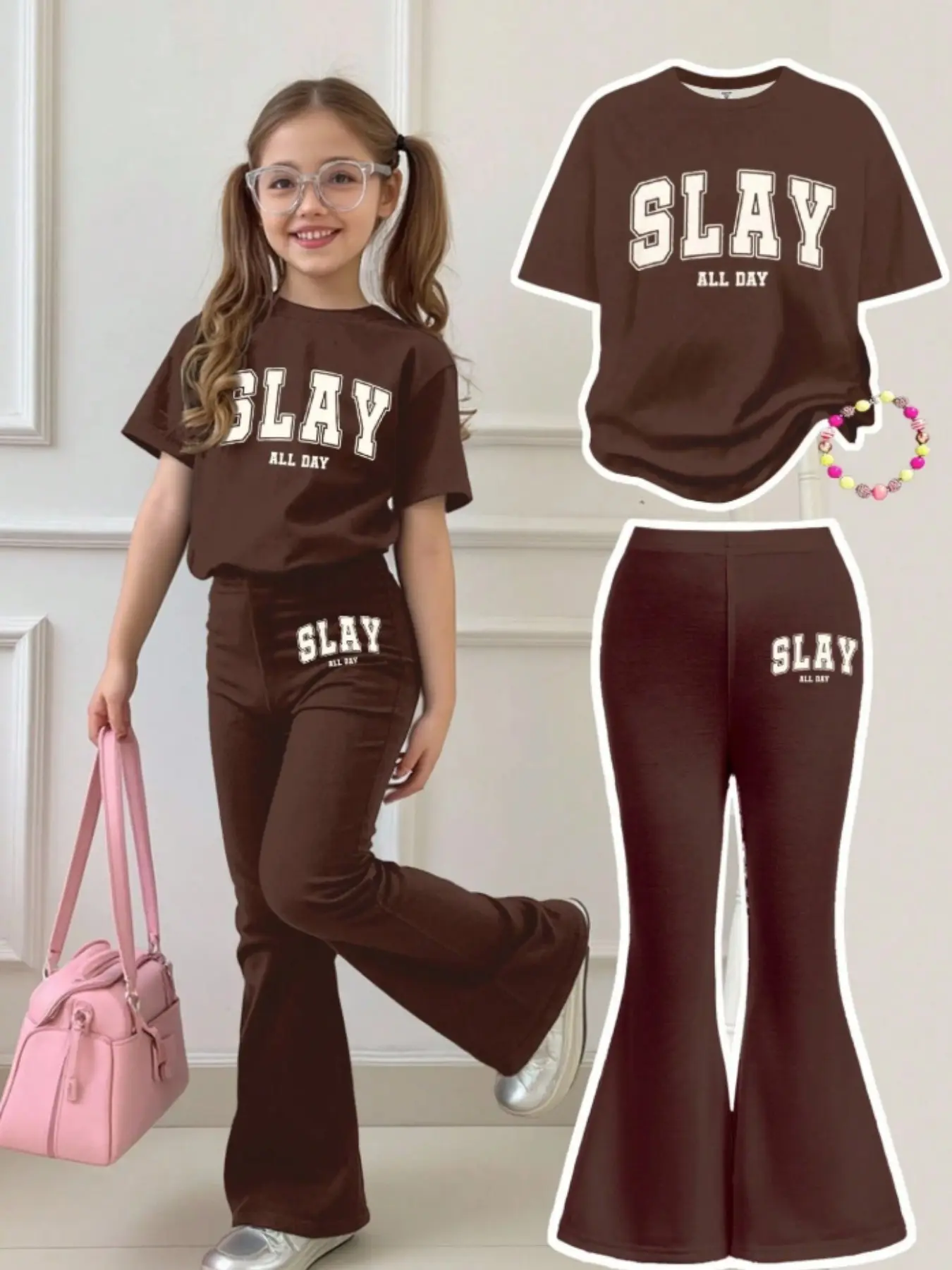 Girls' Letter Print Short Sleeve Set, Casual Korean Style, Slim Fit Flared Pants, Leisure Commute, Batch 20240828