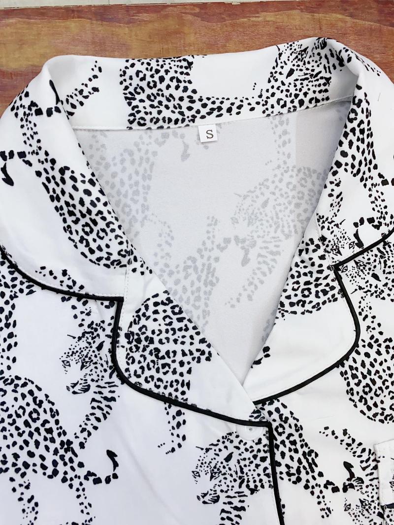 Women's Cheetah Print Short Sleeve Pajama, Casual Comfy Pocket Lapel Shirt & Elastic Waist Shorts PJ Set, Ladies Sleepwear for Summer, Loungewear