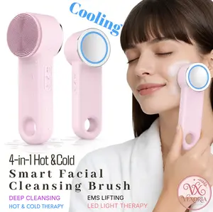 [VEXORIA]4-in-1 Hot & Cold Smart Facial Cleansing Brush，Silicone Face Scrubber EMS Microcurrent + Red and Blue LED Light Therapy| Deep Clean, Lift & Firm Skin | IPX7 Waterproof USB-C Rechargeable Facial Skincare Device，Pink