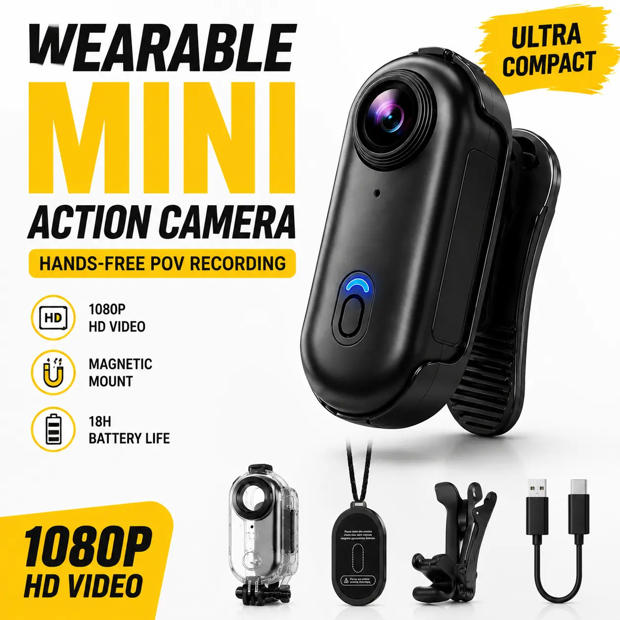 Ultra Compact Thumb Camera for Hands-Free Recording, First Person POV Body Camera with Waterproof Housing, Magnetic Mount System, U3 Memory Card Support for Vlogs, School & Travel
