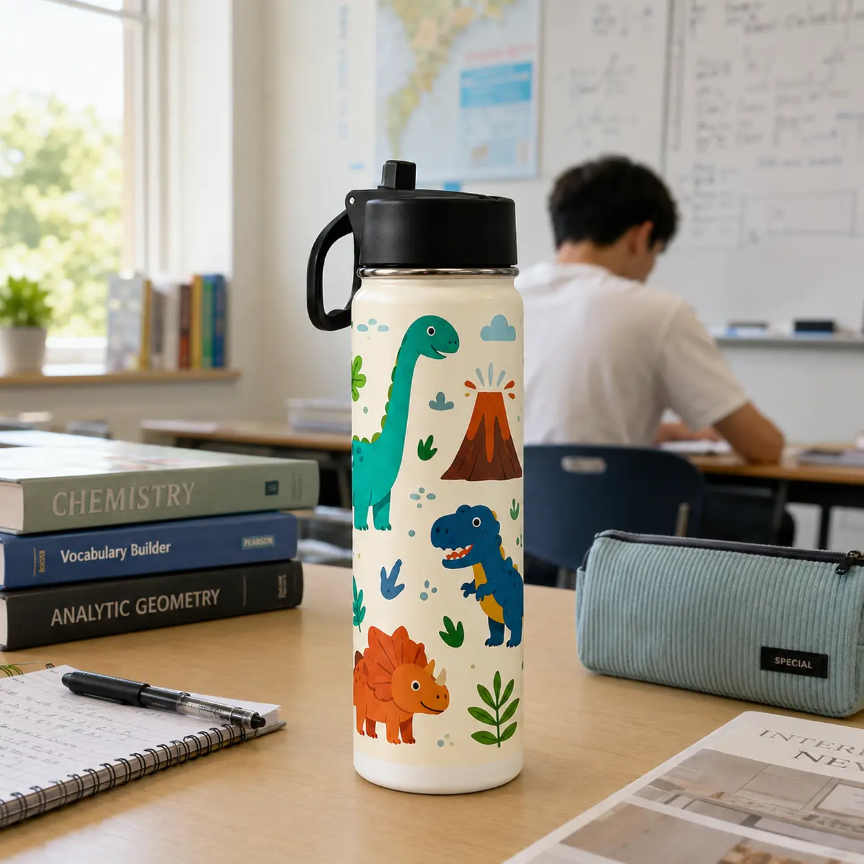 18 oz Kids Insulated Stainless Steel Water Bottle, Colorful Dinosaur Adventure Print Cup with Leak-Proof Flip-Up Straw Lid & Carry Handle for School, Travel & Daily Hydration