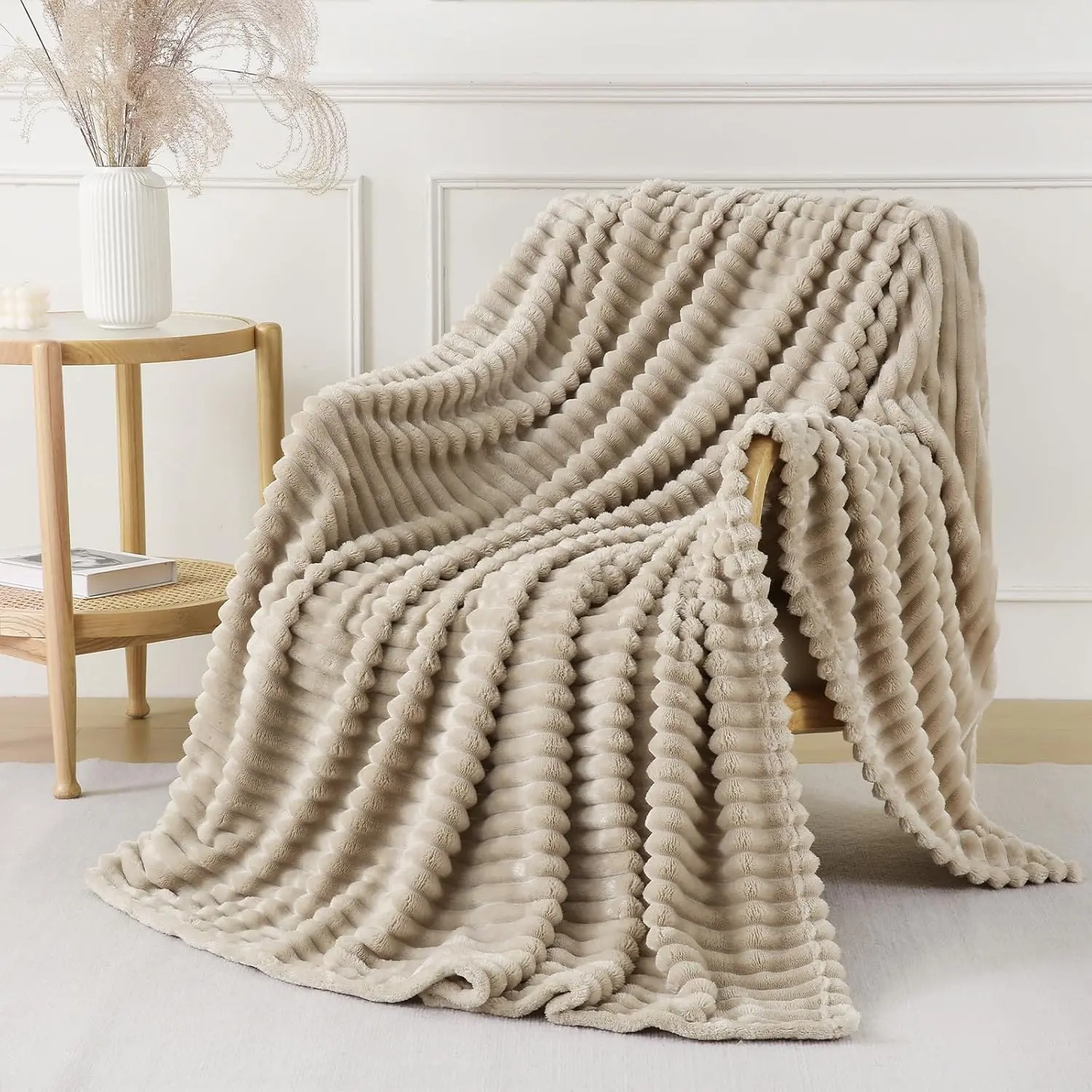 Khaki Throw Blanket for Couch Sofa 50x70 inches Striped Design Fleece Blankets Room Home Decor Lightweight Plush Soft Cozy Gifts for Women Mom