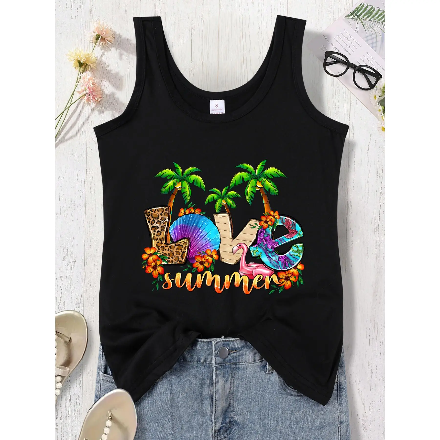 Women'S Sleeveless Graphic Print Tank Top - "Summer" Design with Palm Trees, Leopard Print & Colorful Elements, Breathable & Comfortable for Spring/Summer Casual Wear, Leopard Print Tank Top