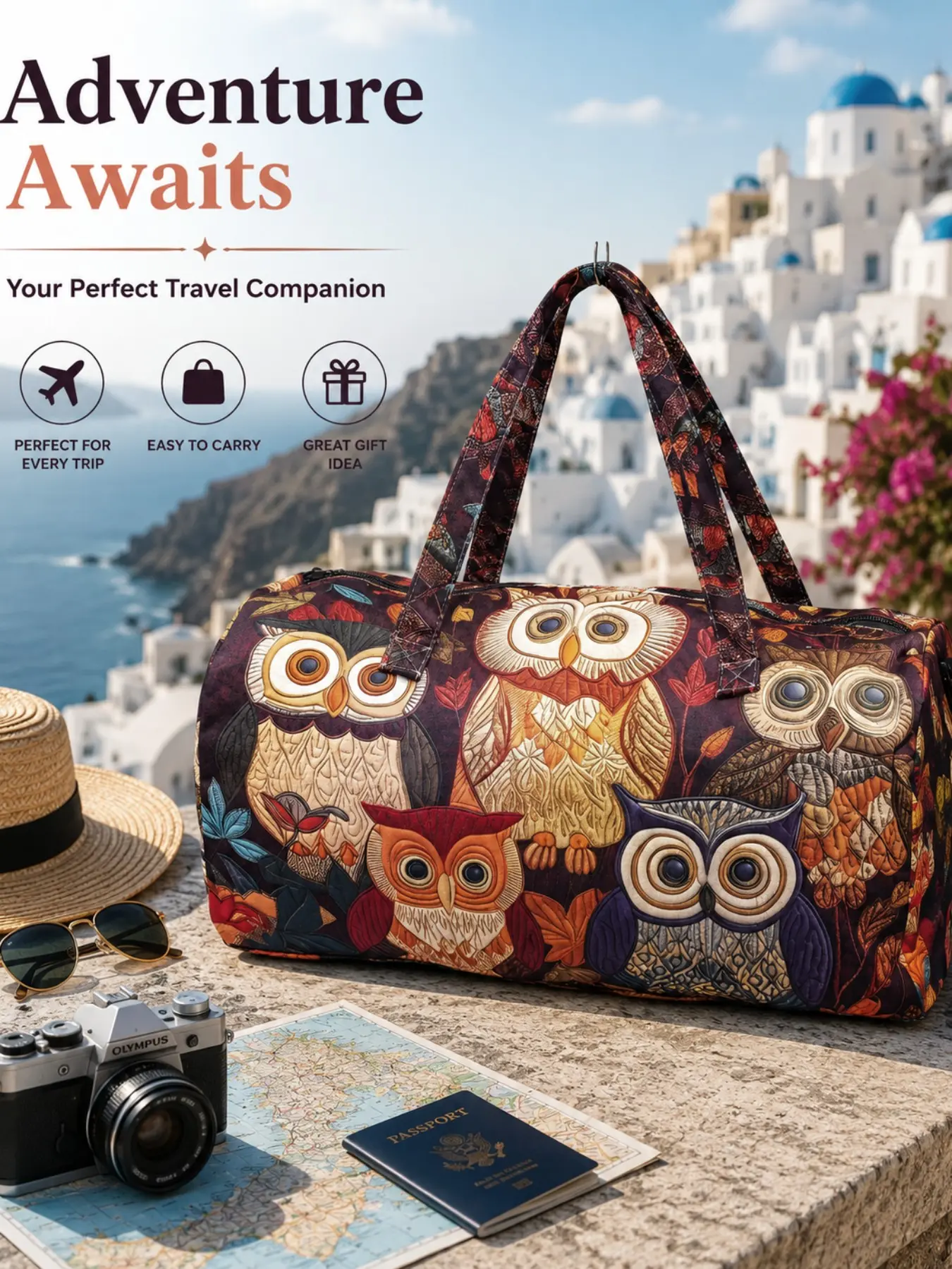 1 Piece Vintage Fall Owl Autumn Leaf Duffle Weekender Bag, Matching Print Reinforced Handles Smooth Zipper Large Capacity Tote for Animal Lovers Short Vacations, Gym & Outdoor Trips, Travel Bags