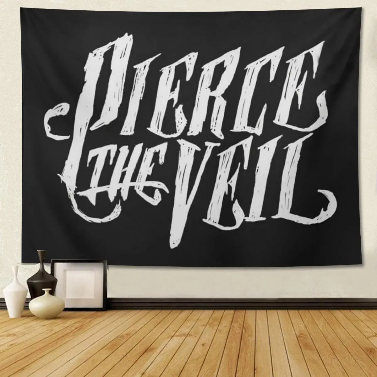 Pierce The Veil Black & White Music-Themed Tapestry Wall Hanging - Soft Polyester Peach Light Beige Velvet, Horizontal Woven Decor for Dorms, Studios, Living Rooms, and Bedrooms, Music Room Decor