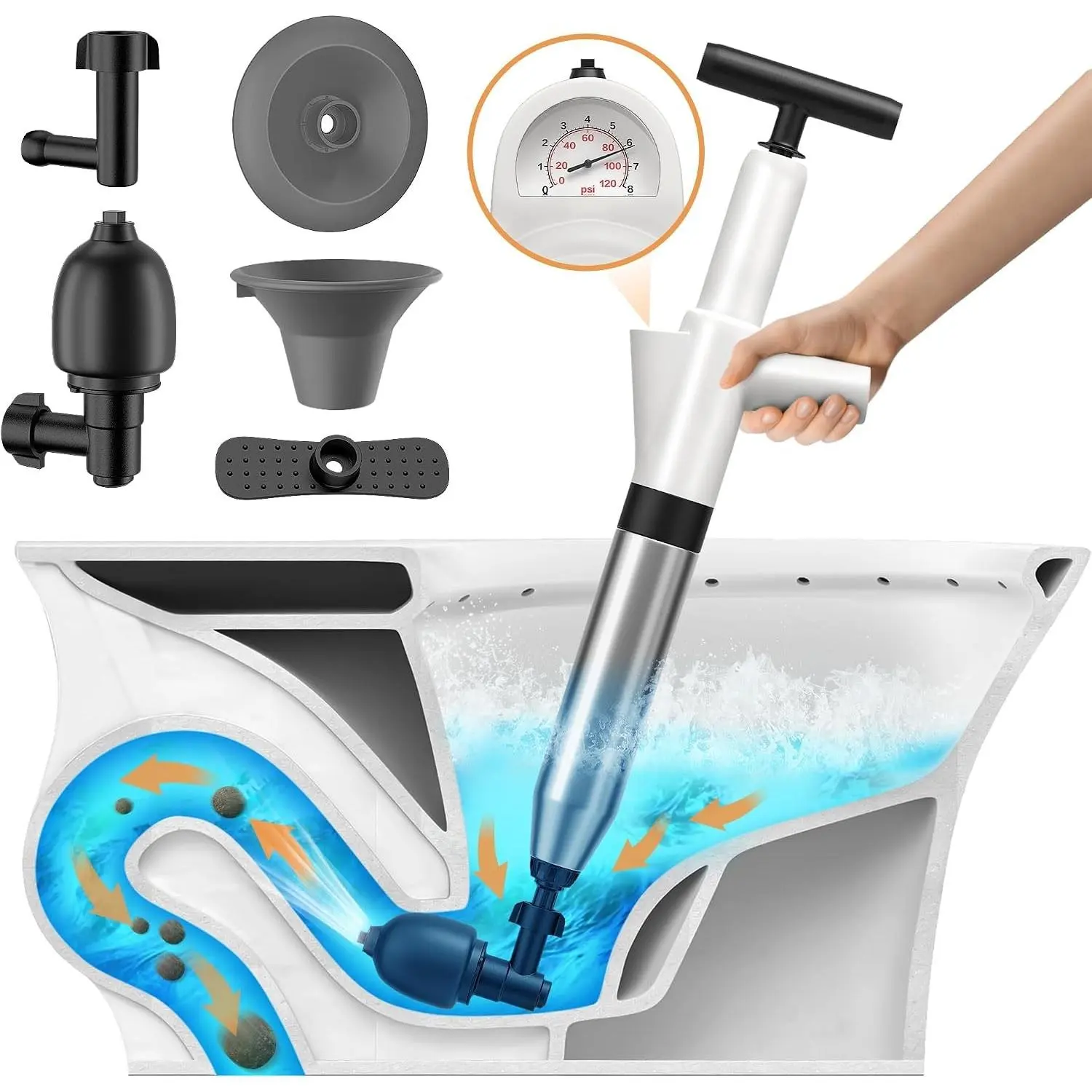 High-Pressure Air Drain Blaster Toilet Plunger - Powerful Heavy Duty Drain Clog Remover with Real-Time Barometer for Bathroom Sink Kitchen Floor Clogged Drains