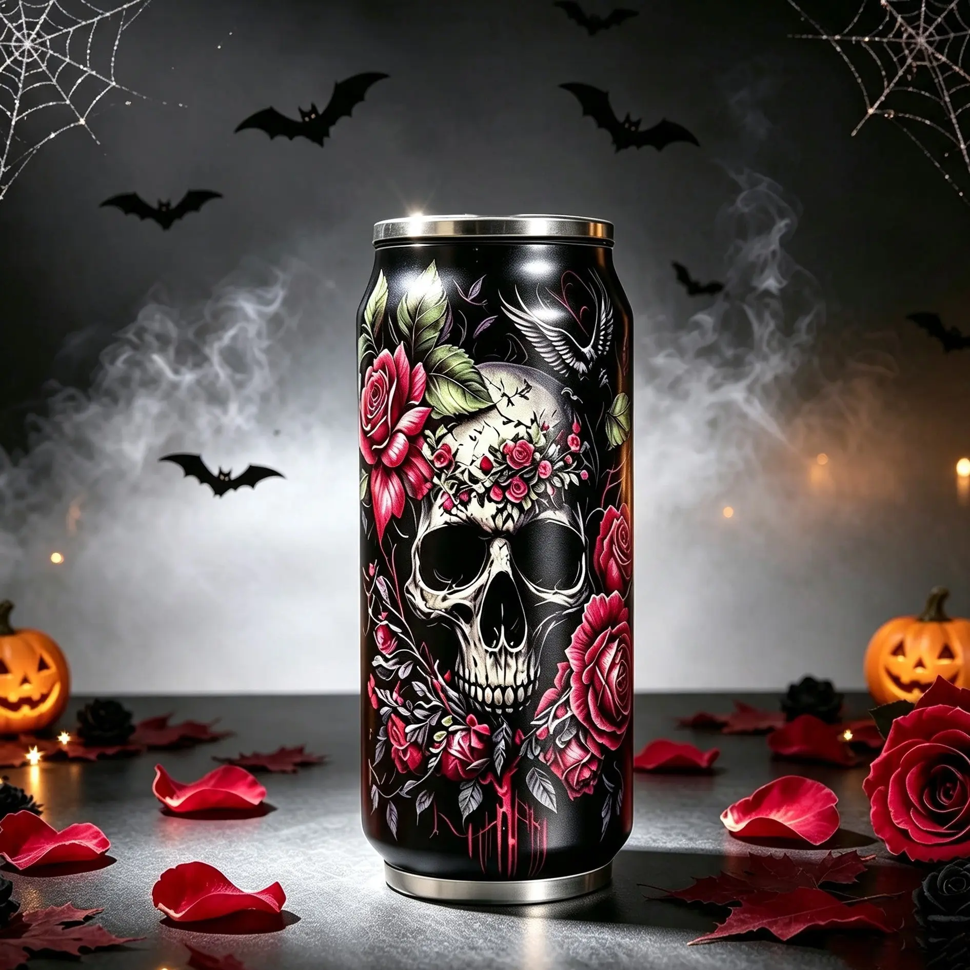 Halloween Thermos Cup, Skull Coffee Mug, Lidded Skull Cup, Can-shaped Thermos, Double-layer Insulated Cup, Slim Travel Cup, Floral Design Stainless Steel Straight Cup, Perfect as a Birthday or Halloween Gift for Women, Moms, and Friends(17oz)
