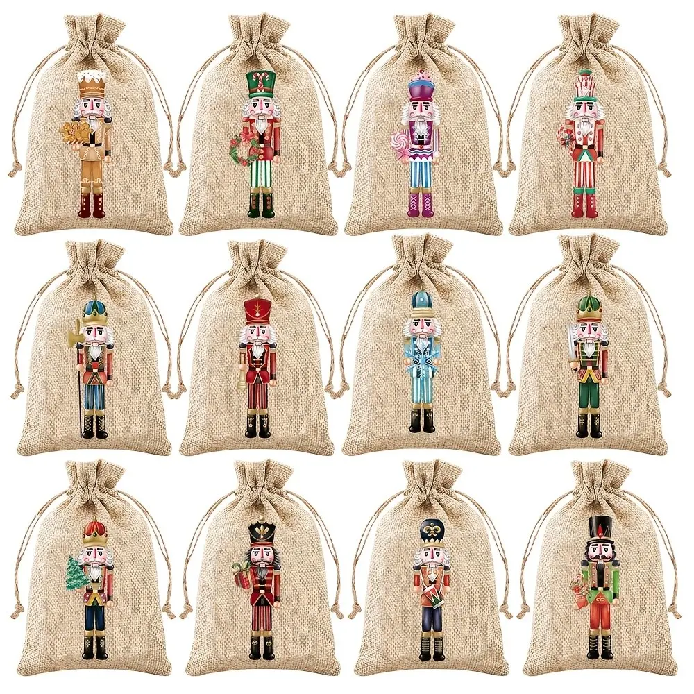 12pcs/24pcs/36pcs Christmas Nutcracker Pattern Drawstring Bags, Linen Gift Bags for Holiday Parties, Candy Bags, Party Favor Bags, Burlap Tie Bag Set