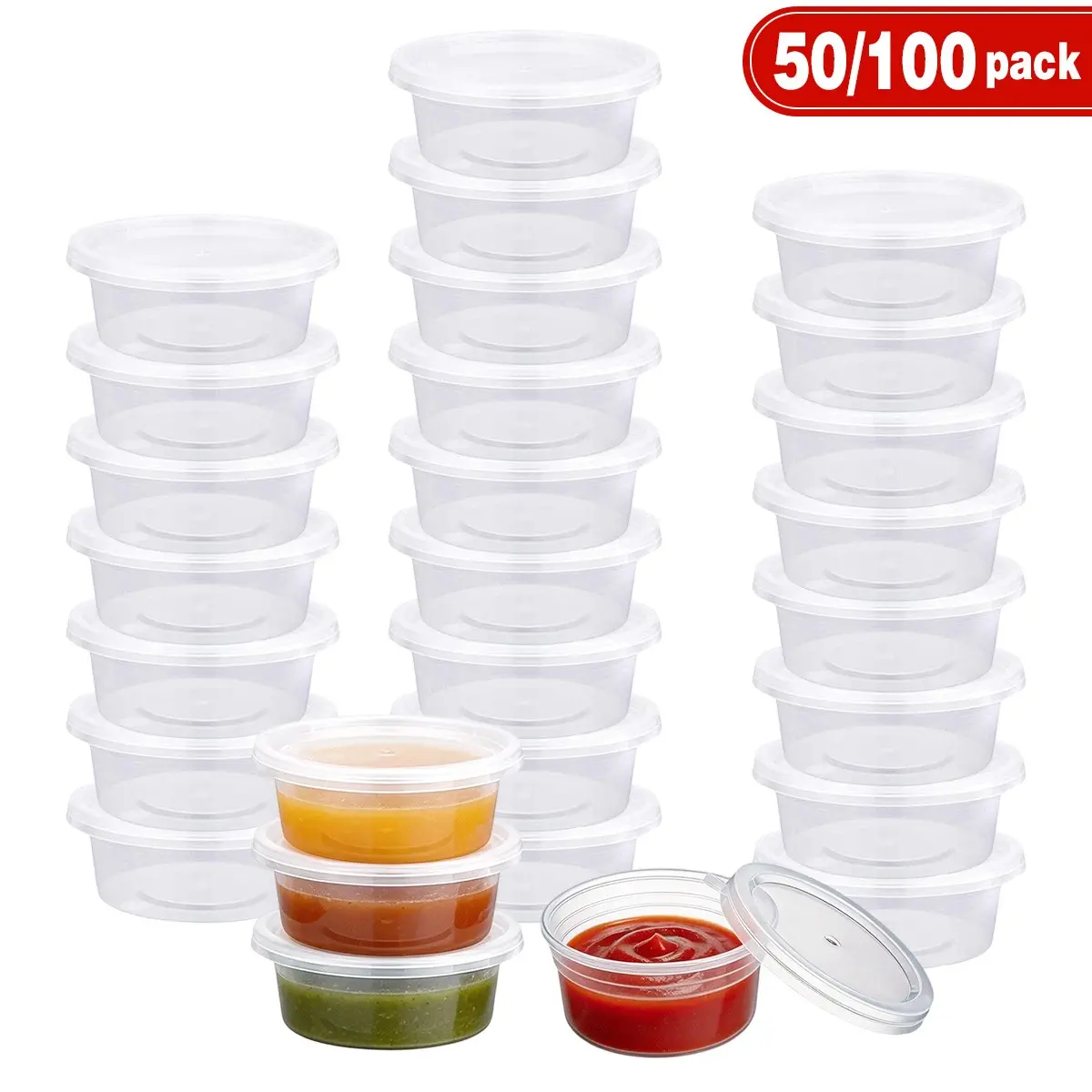 50/100 Pack 1oz Plastic Portion Cups with Lids, Mini Condiment Containers, Disposable Plastic Cups for Sauce, Jello, Meal Prep, Salad Dressing, Sample