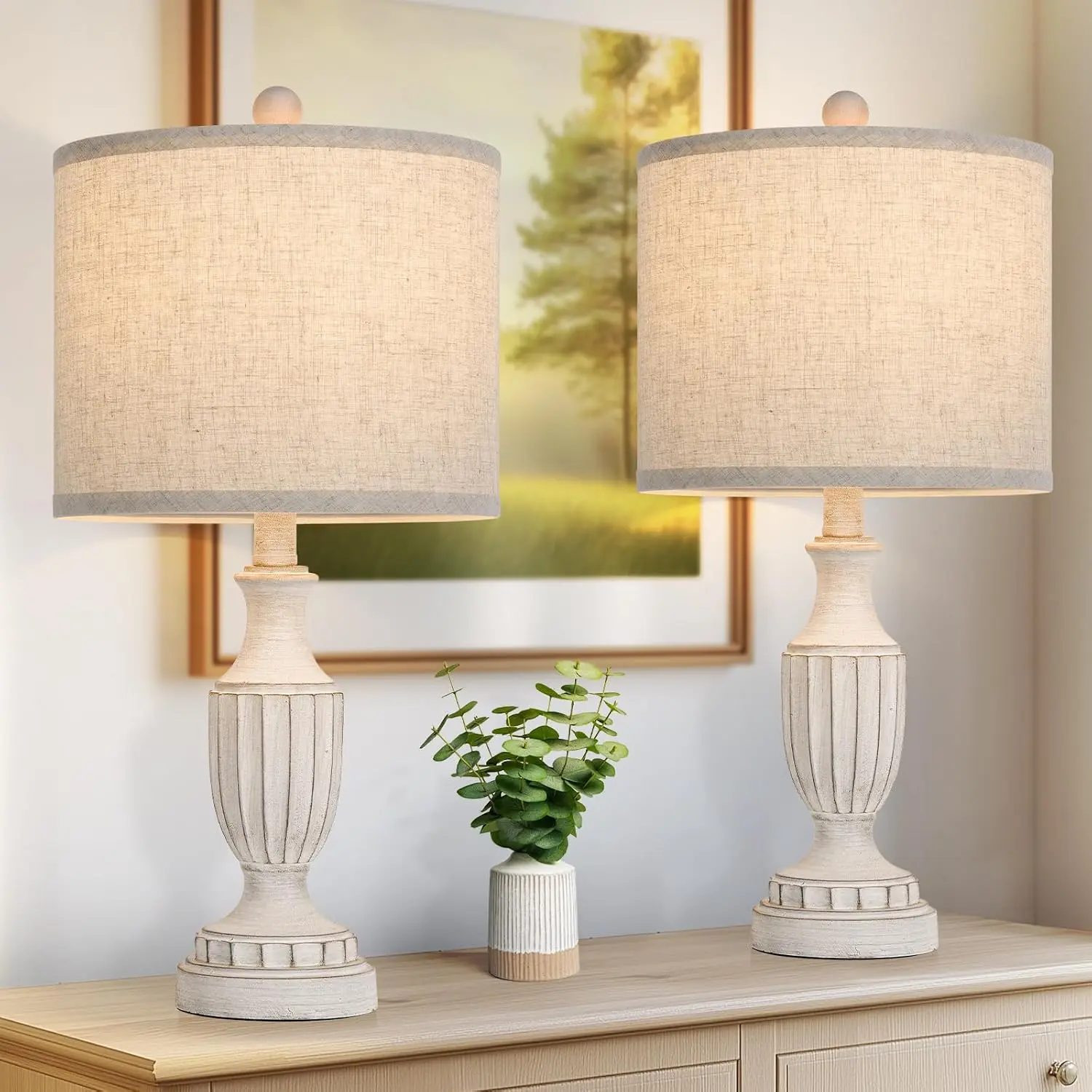 22" Farmhouse Table Lamps Set of 2, White Rustic Vintage Table Lamps for Living Room Bedroom, Antique Bedside Desk Lamps with Linen Shade, Traditional Resin Nightstand Lamp Sets for End Table
