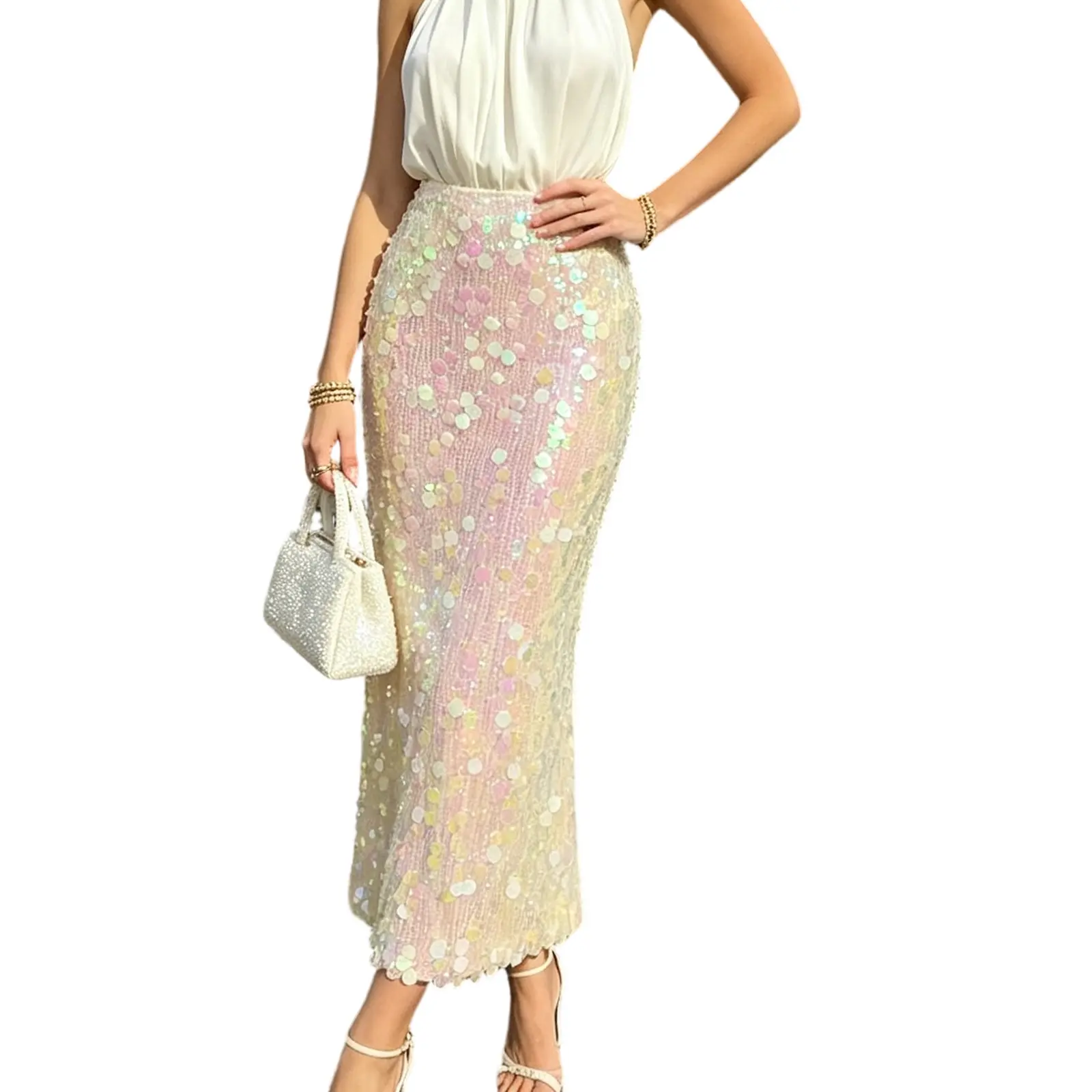 Women's Sequin Bodycon Skirt - Elegant High-Waist Fitted Full-Length Polyester Blend Bottoms for Summer Clubwear