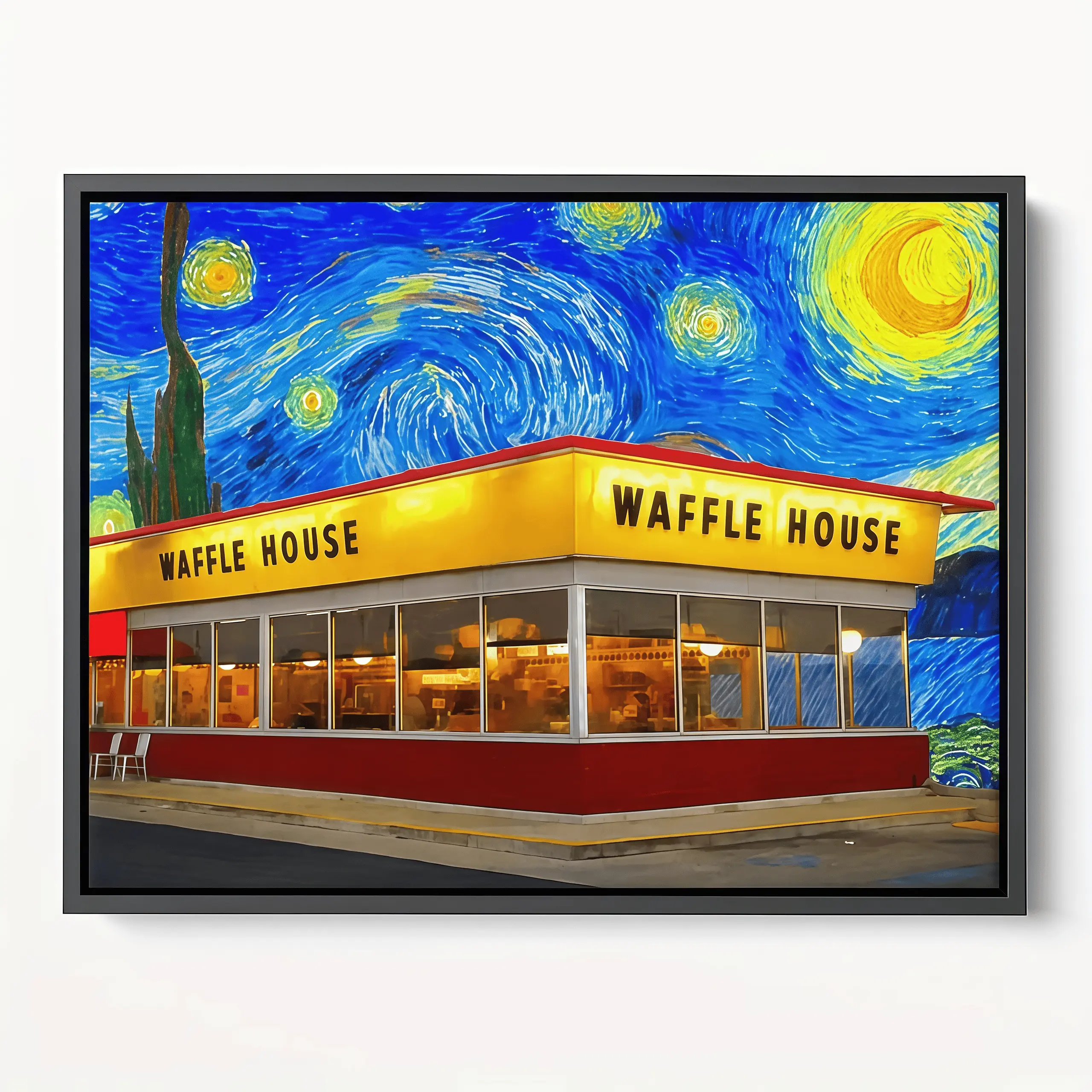 1pc Colorful Starry Sky Brightly Lit Warmth Waffle House Scene Canvas Print Wall Art - Canvas - For Living Room Home Decoration - Perfect Gift for Festival & Housewarming, Cozy Home Artwork, Dreamy Night Landscape Poster, Aesthetic Wall Decor, jesus fan