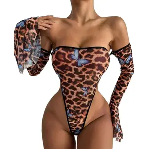 Sexy Lingerie New Sexy Underwear Leopard Print Long Sleeve Off-the-shoulder Jumpsuit Sexy Suit Women's Pajamas Lingerie Corset