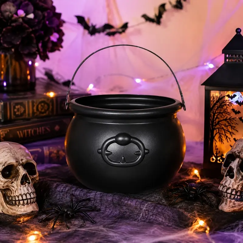 1pc Plastic Black Cauldron Kettle Halloween Bowl, Large Witch Cauldron Pot Bucket for Halloween Decorations Trick or Treat Party-(non-food contact)
