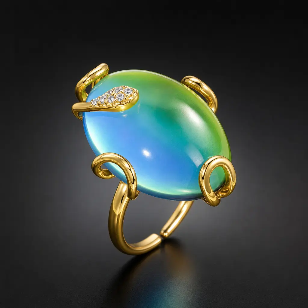 Adjustable Open Mood Serpent Ring for Women, 14K Gold Plated Copper Statement Ring with Temperature Color Changing Blue-Green Gradient Glaze Stone, Cubic Zirconia Snake Design Jewelry, Trendy Aesthetic Stackable Finger Band, Versatile Daily Wear