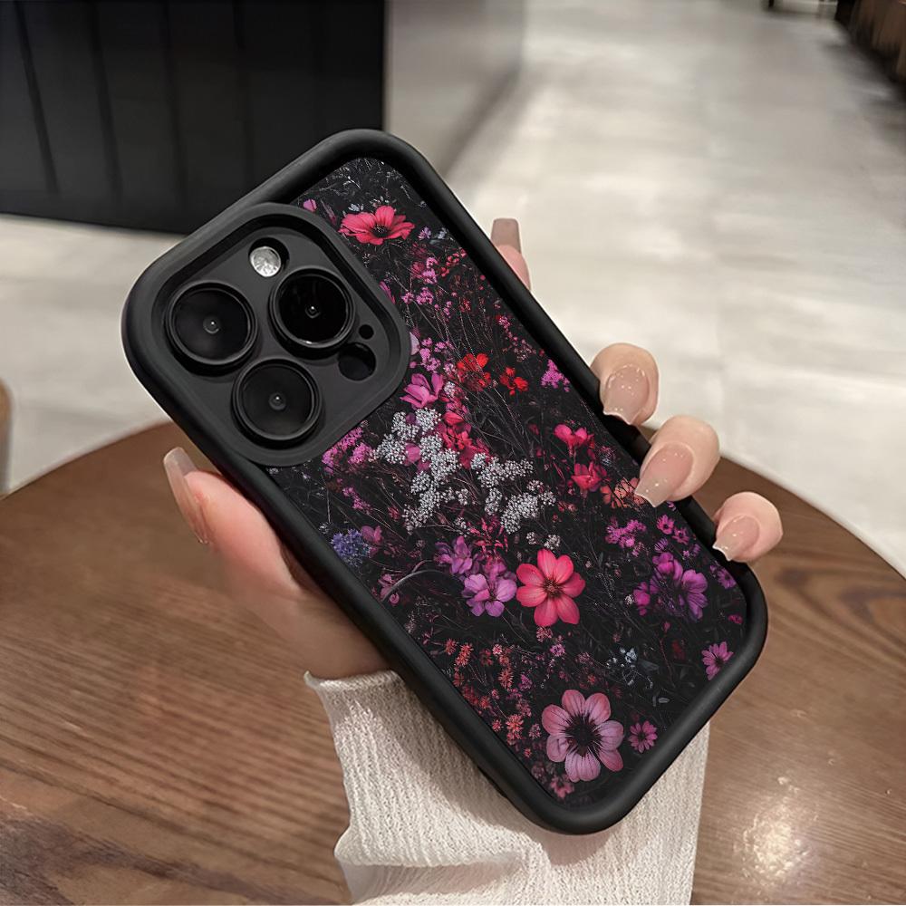 Phone Case - This Stylish Phone Case Suitable for iPhone 17 E Air Pro ProMax iPhone16 15 14 Plus 13 12 Mini 11 X XS XR Features a Floral Pattern,Set Against a Dark Backdrop Adorned with Bright Pink And Purple Blooms,Complemented by Graceful White Flower
