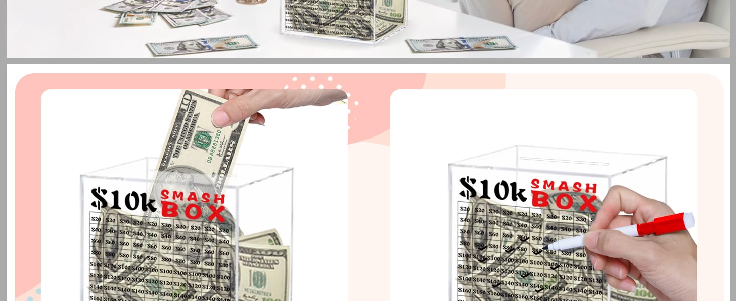10k Smash Box for Money, Unbreakable Piggy Bank for Adults Save $10,000 Money Saving Challenge Box, Clear Acrylic Saver Box for Cash Must Break to Open