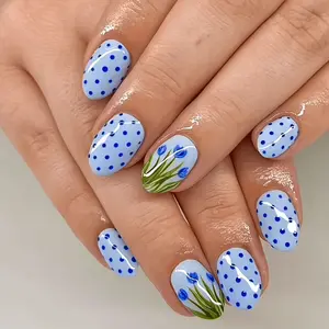 24pcs Milk Blue Base with Navy Blue Polka Dot Tulip Short Press-On Nails, Fresh Contrasting Color Removable Fake Nails, Gentle Skin- Handmade Nail Tips, Ins-Style Spring Floral Nail Stickers, Reusable Press-On Nails for Students' Daily Commute