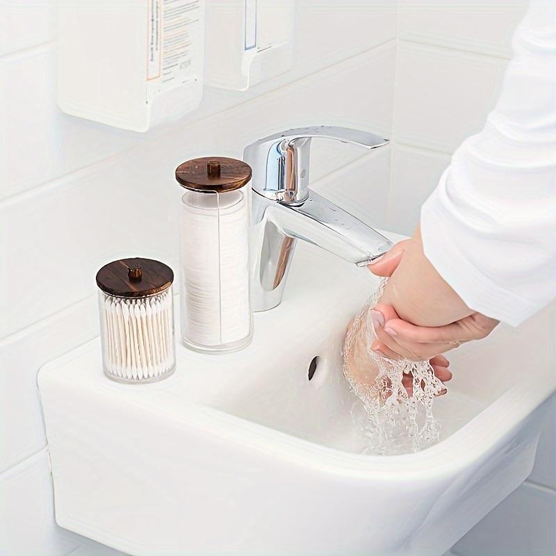 Clear Storage Box with Wooden Lid, 3 Counts Cotton Balls Cotton Swabs Storage Box, Household Storage Box for Home Dormitory Bathroom Hotel, Bathroom Counter Organizer