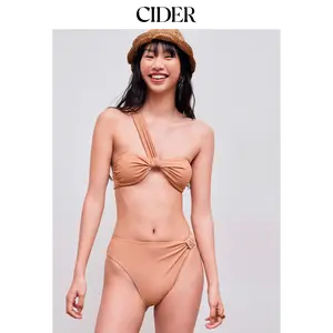 Cider Asymmetrical Neck Solid Ruched One-Shoulder Cheeky Bikini Swimsuit