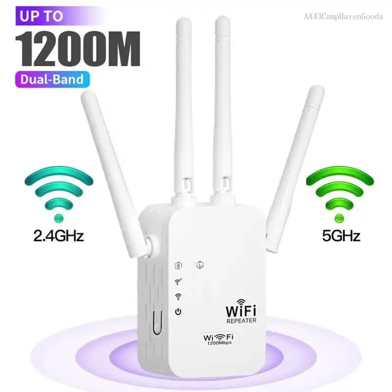 WiFi Extender 2025 - 1200Mbps Dual Band (5GHz/2.4GHz) Home WiFi Boost Signal Booster, 10000 Sq. Ft Coverage, Supports 50 Devices, Repeater with Ethernet Port for Home Use (Velvet Bloom15AA43CampHavenGoods), Exterior Antennas