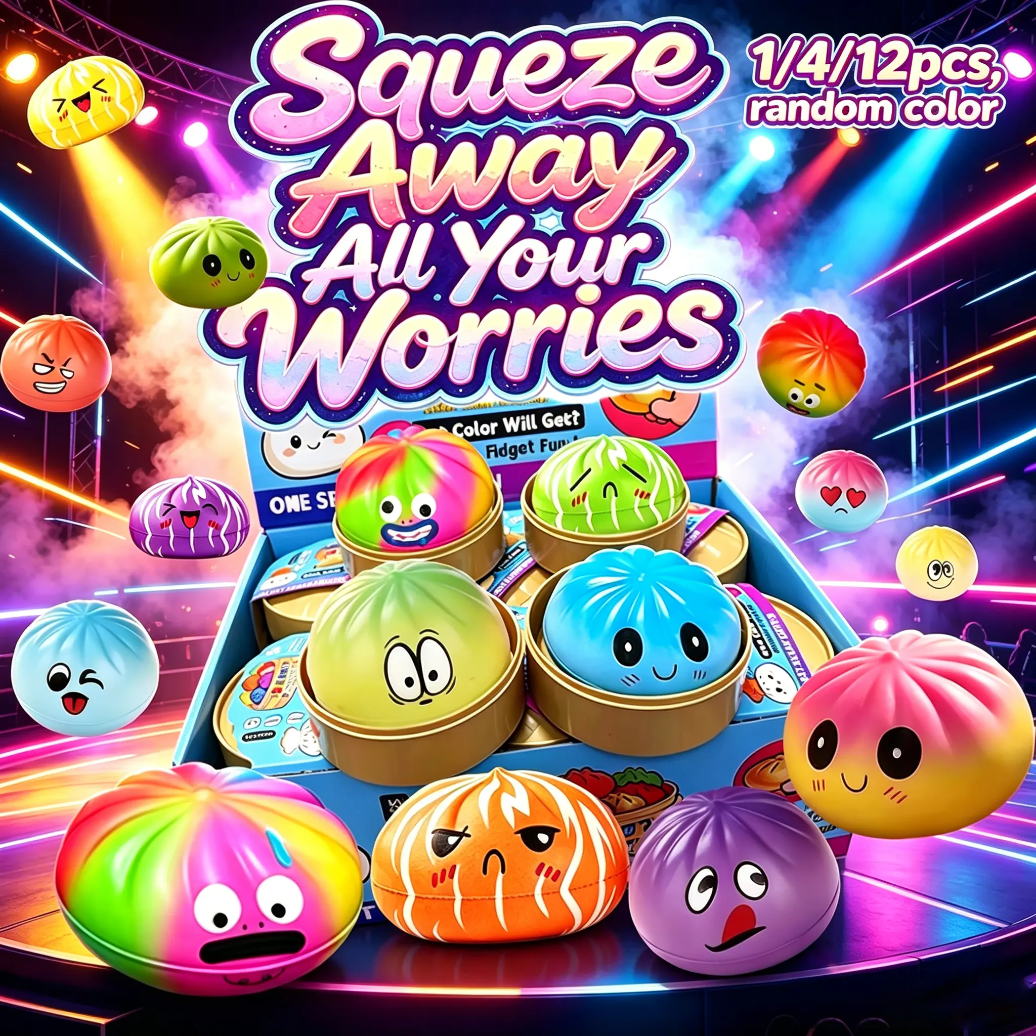 1/4/12Pcs Expression Bun Squishy Surprise Gift Set, 4 Different Cute Cartoon Face Designs, Slow Rebound Soft Stress Relief Squeeze Fidget Toy, Random Gradient Colors with Mini Simulated Steamer, Portable Anxiety Relief Gift for Kids Classroom Rewards