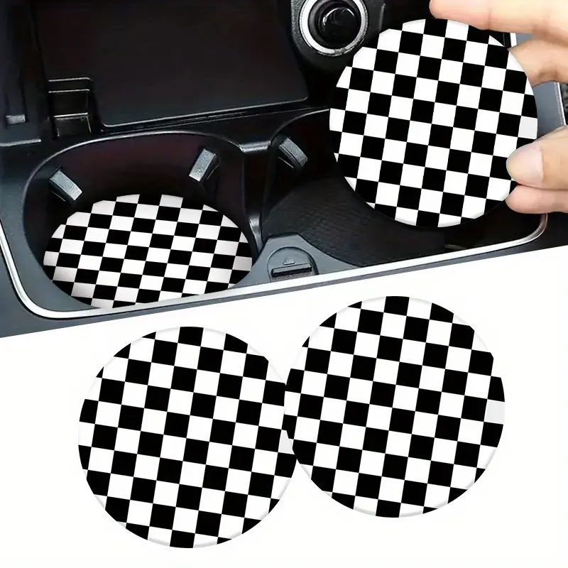 Set of 2 High-Quality EVA Black And White Checkered Car Coasters - Non-Slip Cup Mats Designed to Keep Cup Holders Clean And Dry - Top-Notch Car Interior Additions