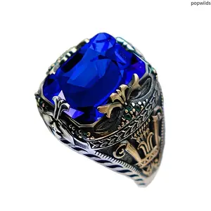 Luxury Alloy Emerald Ring For Men, Vintage Hollow Out Domineering Finger Band, Unique Retro Green Gemstone Statement Men Jewelry