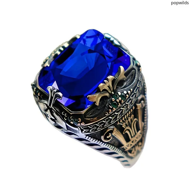 Retro Statement Ring with Green Gemstone and Hollow-Out Alloy Band, a Unique Piece of Men's Jewelry, Unique Rings, Chunky Statement Ring, Exquisite Trendy Ring