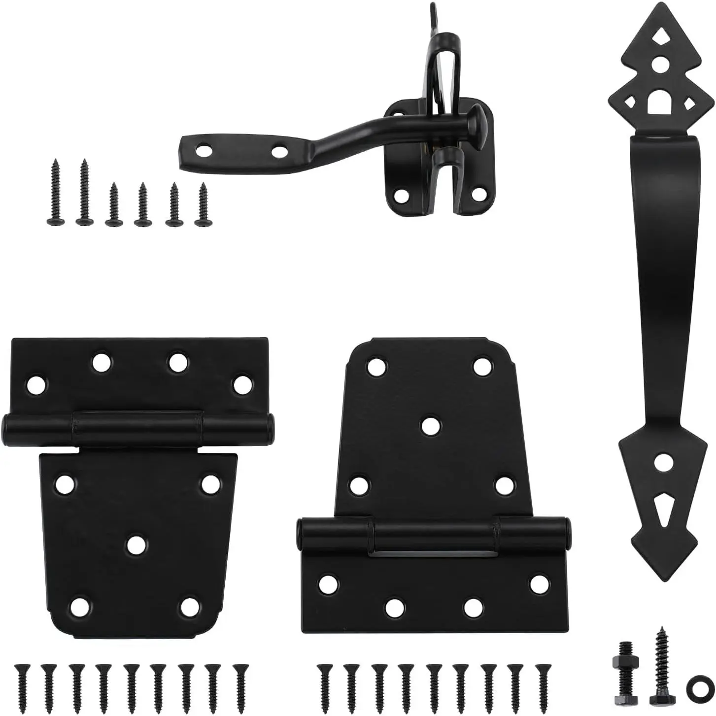 Black Durable Garden Fence Gate Kit with 3-1/2" Heavy-Duty 2-Pack T Hinges, Self-Locking Lock Latches, Bolts, Decorative Gate Handle, Mounting Screws, Premium Finish