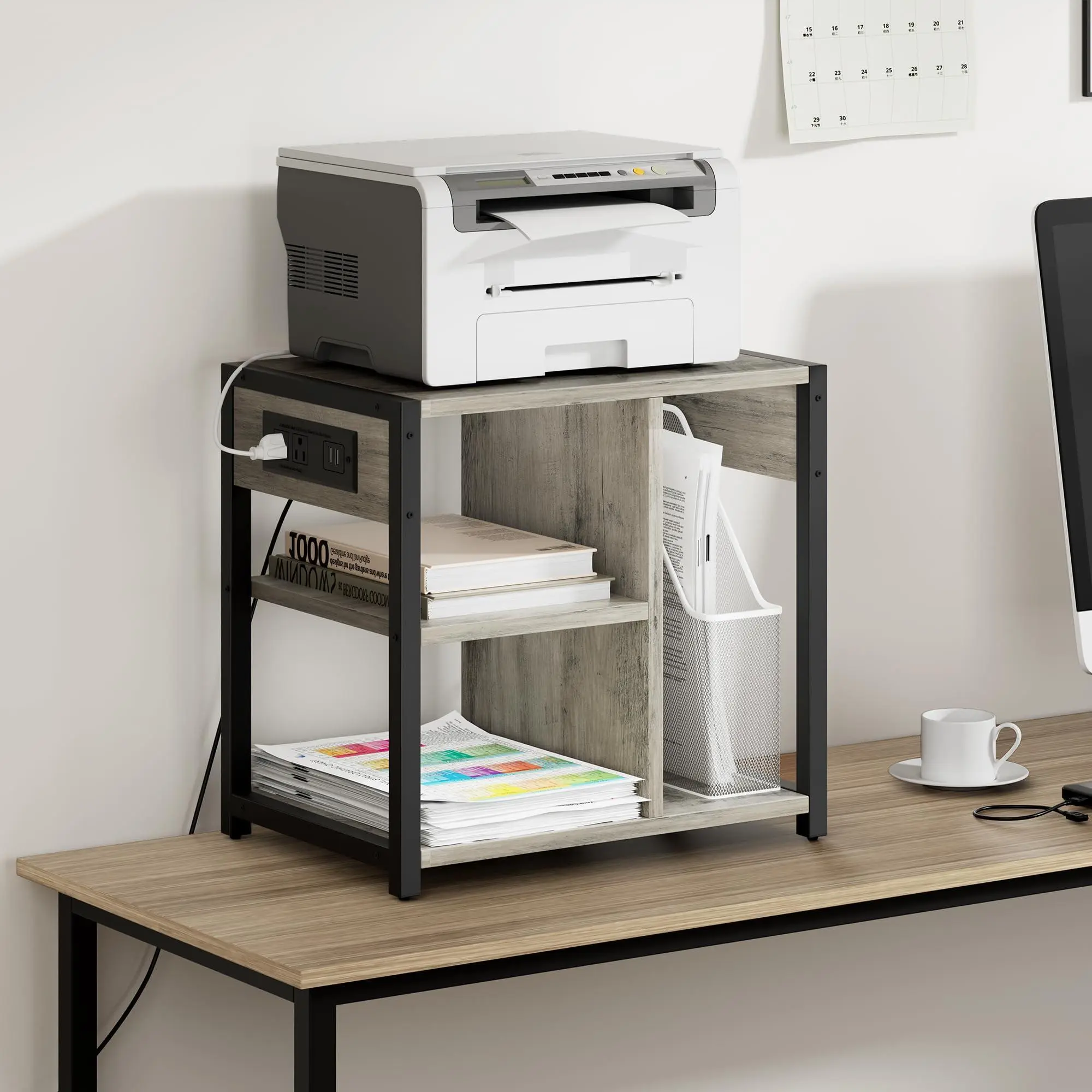 GARVEE Under Desk Printer Stand with Charging Station, 3-Tier Industrial Mobile Printer Table with Lockable Wheels & Shelves, Printer Cart for Home Office, Small Space, Gray