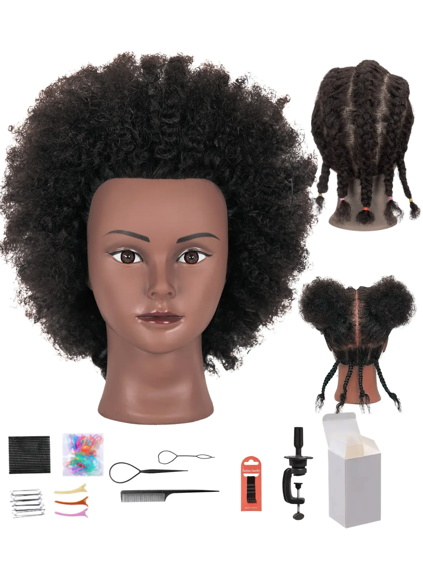 Dark Skin Afro Curly Braiding Mannequin Head For Women And Kids 4&6 Inch Real Human Hair Training Doll Head For African Hair Styling, Professional Cosmetology Practice Manikin With Full Tools Kit For Braid Updo Daily Hair Course Training