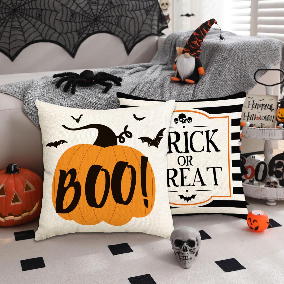 Halloween Themed Pillow Cover, 4 Counts/set Pumpkin & Cat & Skull Pattern Cushion Cover without Filler, Halloween Decoration, Decorative Pillow Cover for Home Sofa Bed
