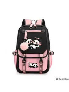 Cute Cartoon Panda Backpack with Heart, Flower, Star Print, Multi-Layer Design, Adjustable Straps, Zip Closure, Nylon Material, Unisex, Ideal Gift