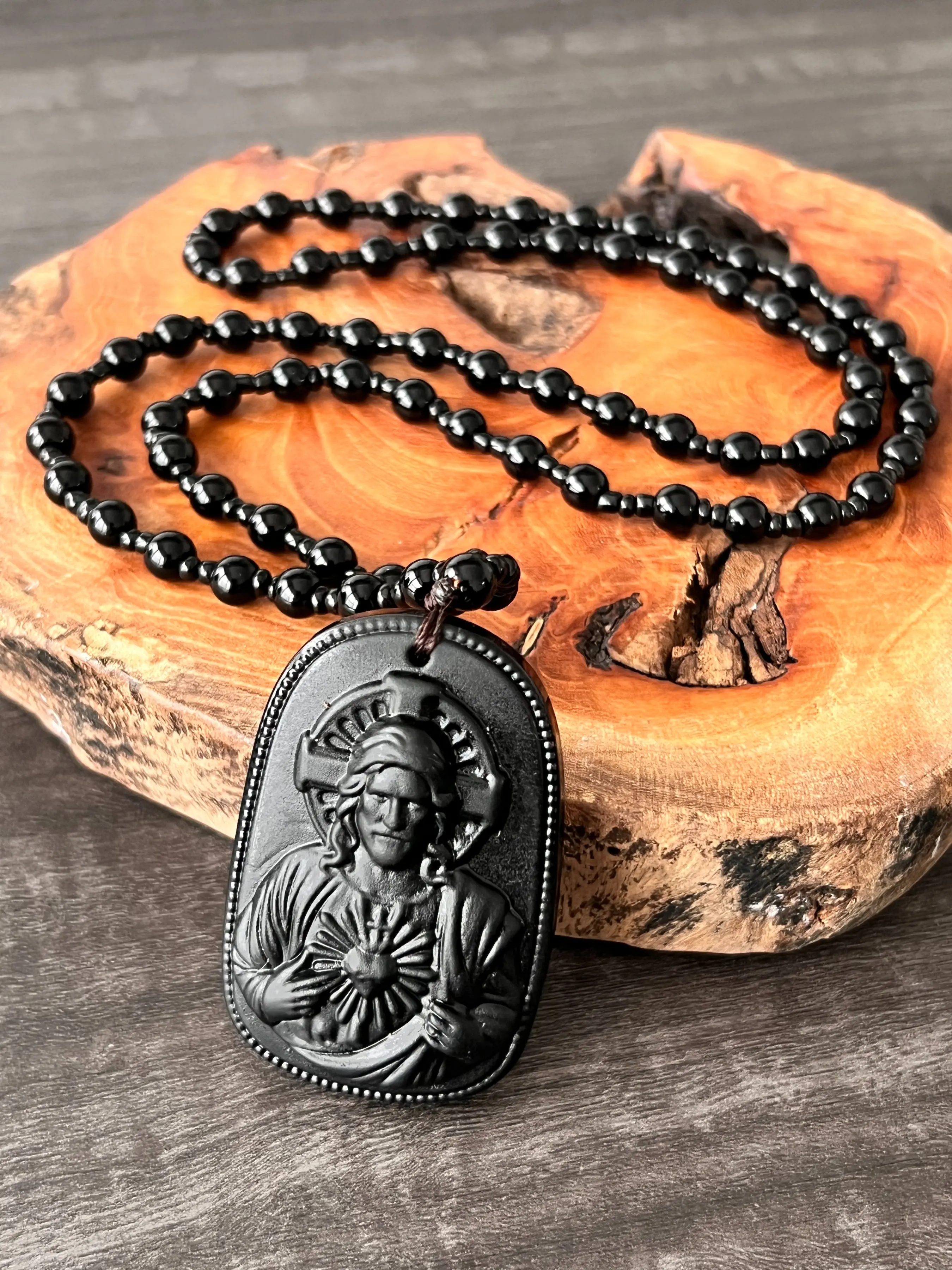 Vintage Jesus Sacred Heart Pendant, Beaded Catholic Religious Necklace, Dark Style Men's Protective Charm, Gothic Jewelry, Beaded Necklaces