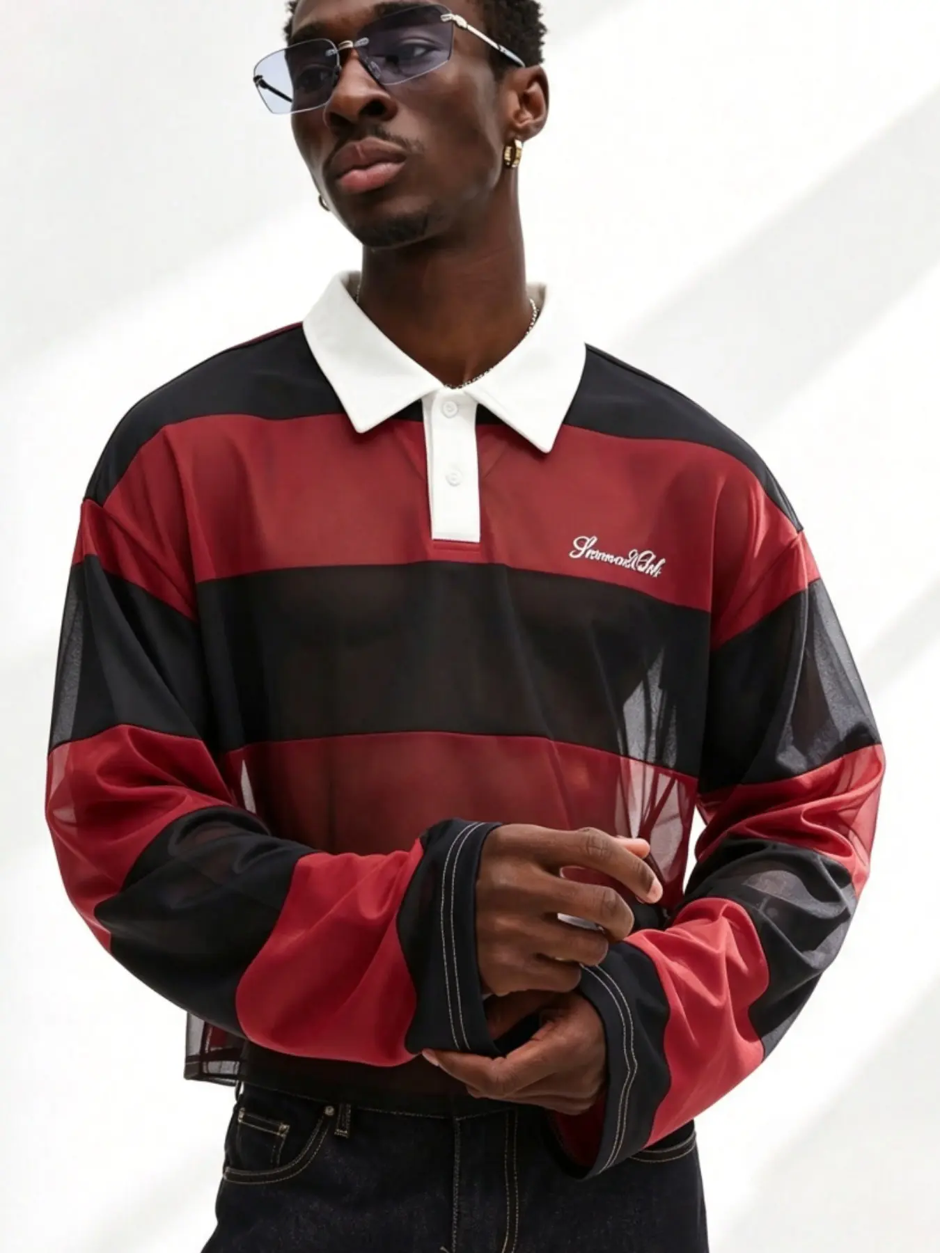 Men's Striped Polo Neck Long Sleeve T-Shirt, Classic Casual Street Style, Spring & Fall Fashion, Fitted Casual Streetwear Sweatshirt, Unisex Design, Tops, Menswear