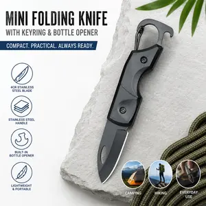 Portable Folding Keychain Knife with Bottle Opener, Stainless Steel Material, Outdoor Pocket Knife, Multi-Functional Camping Knife