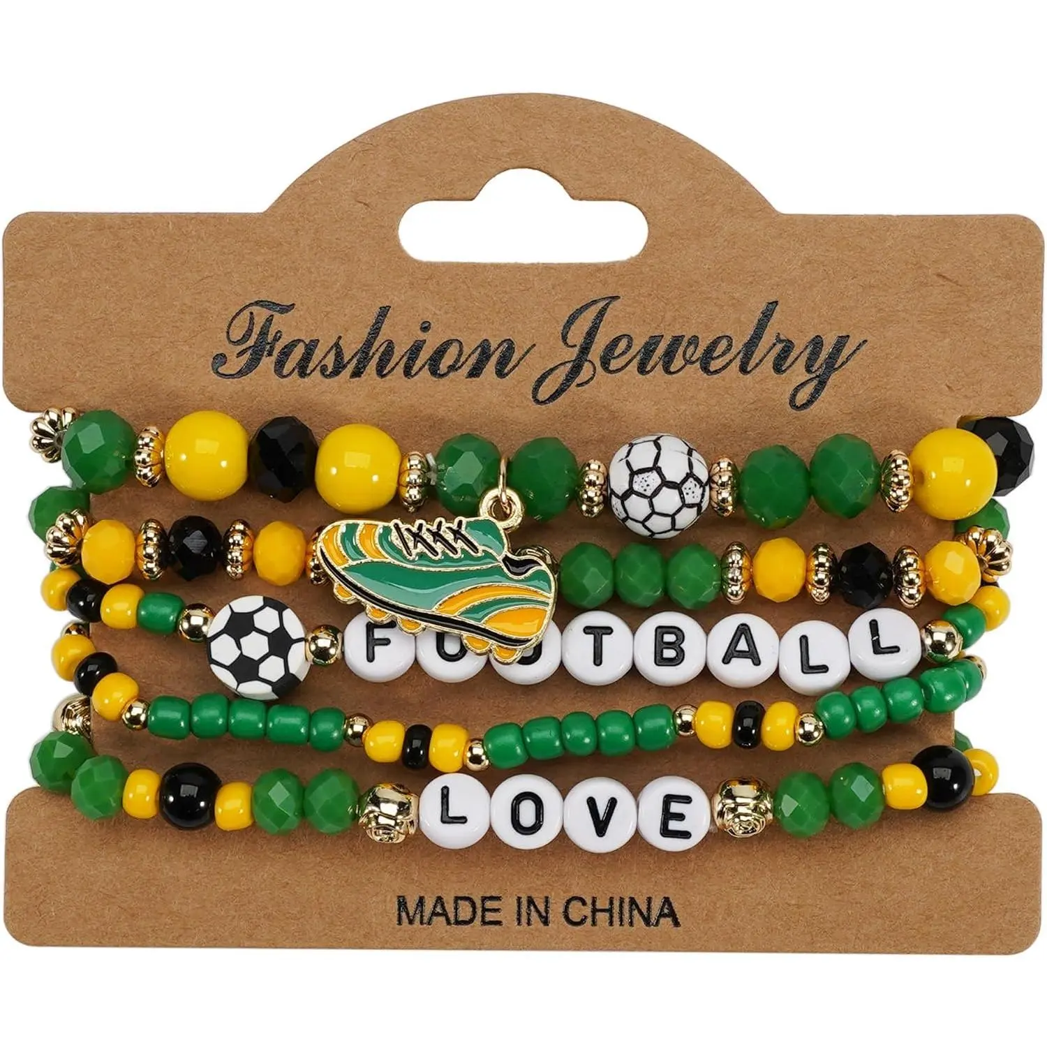 5 count Soccer Team Spirit Bracelet Set for Women Men, Stackable Elastic Beaded Bracelets with Football Love Charms,  Fan  Day  Gifts for