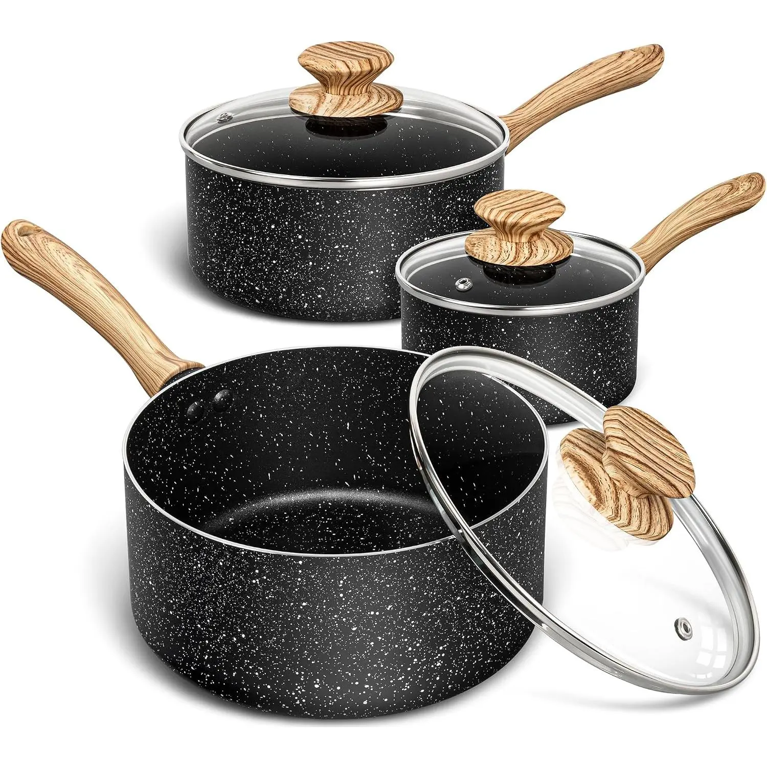 Saucepan Set, Nonstick Sauce Pans with Granite Coatings, Stone Sauce Pan with , Non Stick Pot Sets, Sauce Pots 3 count, 1Qt, 2Qt & 3Qt