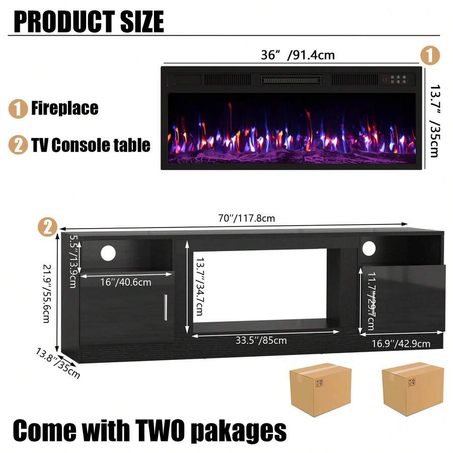 [2 Packages Shipping]Modern Fireplace TV Stand With 36" Electric Fireplace, And Storage Cabinet For TVs Up To 80" - High Gloss Wood Design For Living Room,Thanksgiving,Christmas  Gift
